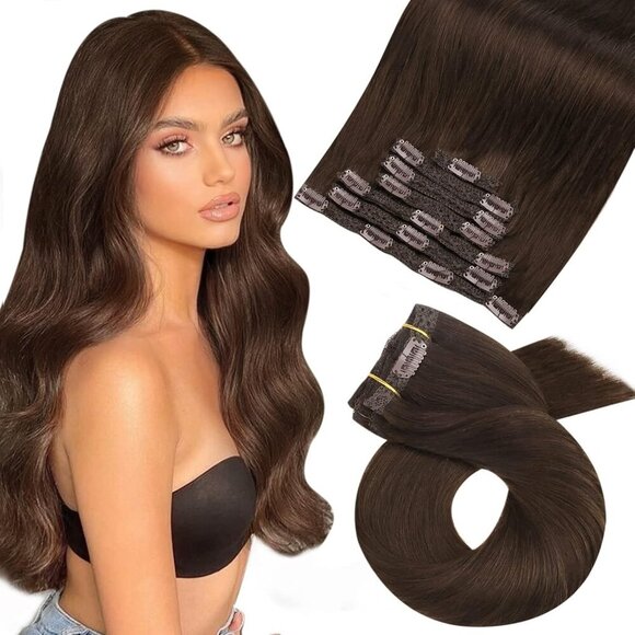 Other - Dark Brown Clip in Hair Extensions Remy Straight Double Weft Real Hair Extension